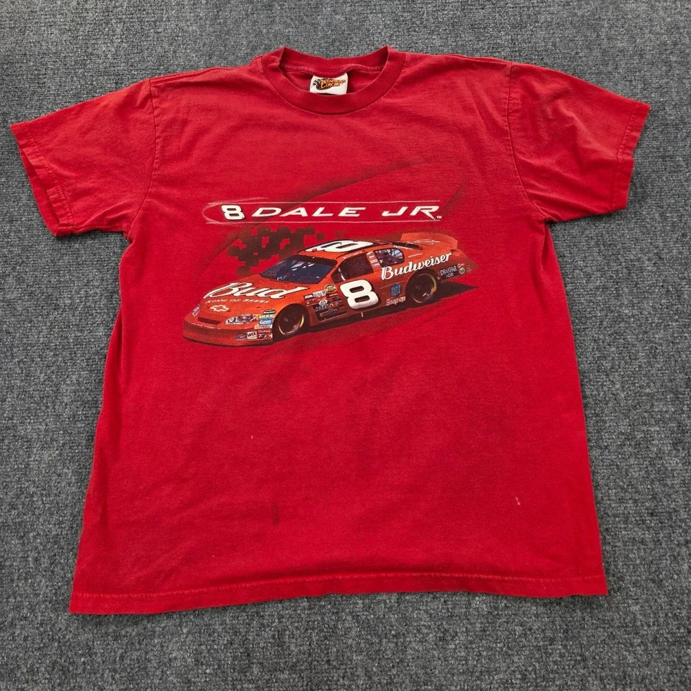 Vintage Dale Jr 8 Budweiser NASCAR Racing T Shirt Mens Medium Red 2005 Schedule‎